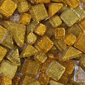 Cailloux de verre pailletés REINE ambre et doré vendus par 100 g